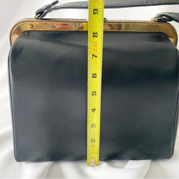 Vintage Black Leather Handbag - Retro Structured Top Handle Purse - Picture 9 of 12